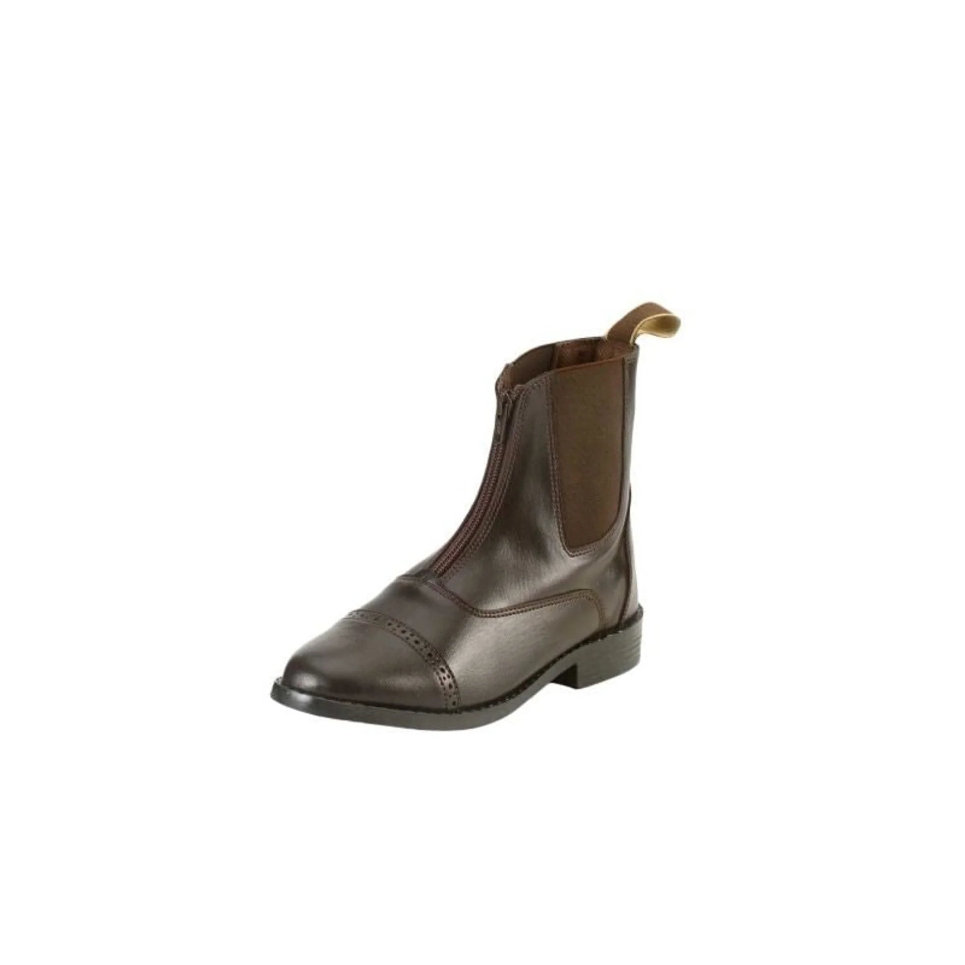 Angled front view of the brown EquiStar Ladies All Weather Zip Synthetic Paddock Boot on a white background