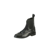 Angled front view of the black EquiStar Ladies All Weather Zip Synthetic Paddock Boot on a white background