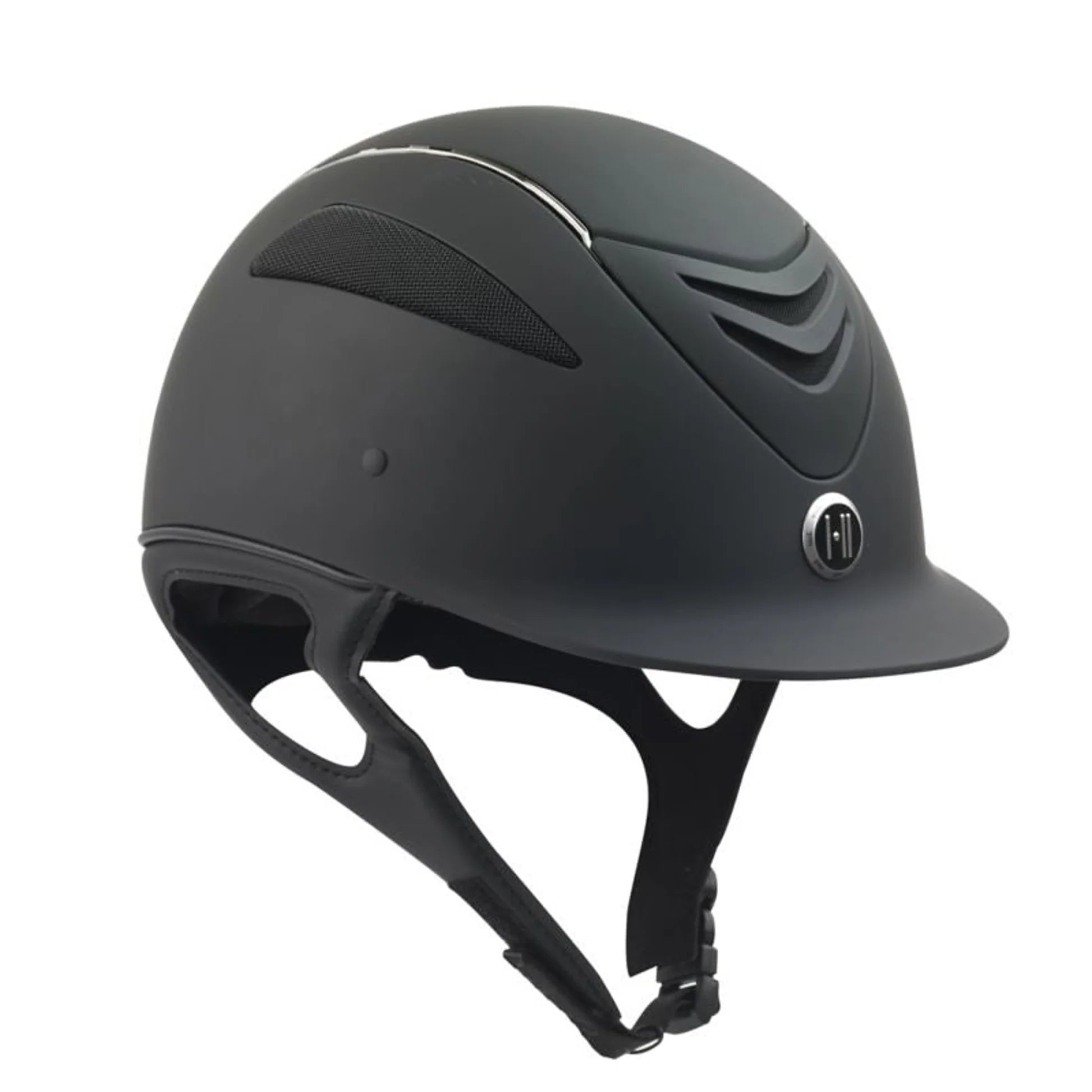 Angled front view of the black matte One K Defender Chrome Stripe Helmet on a white background