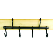 Full view of the 4-hook Equi-Essentials Portable Tack Rack Bar over a wood board on a white background