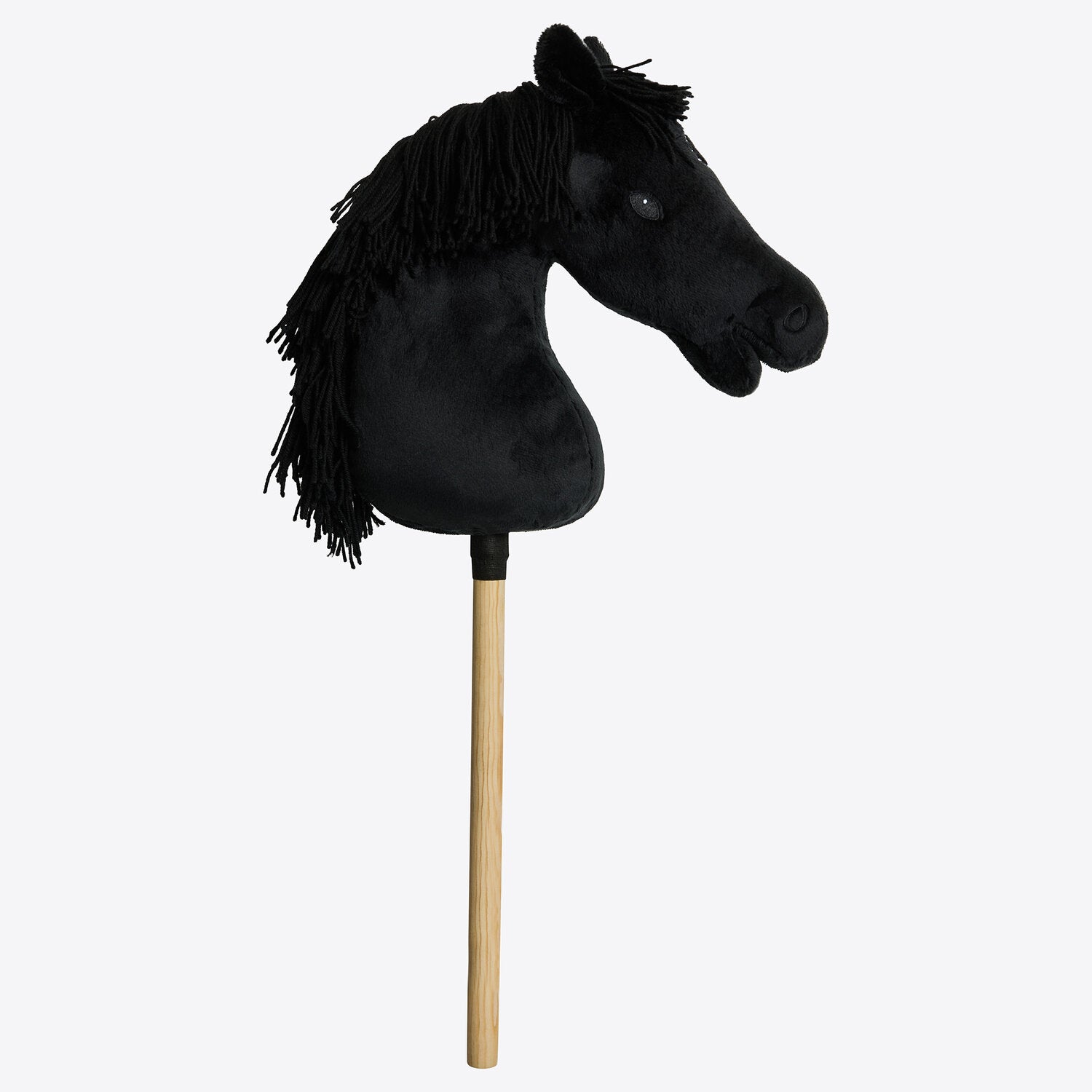 Cavalleria Toscana plush hobby horse in black with yarn mane and wooden stick, right side profile