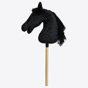 Cavalleria Toscana plush hobby horse in black with yarn mane and wooden stick, left side profile