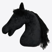 Close up of Cavalleria Toscana plush hobby horse in black with yarn mane, left side profile