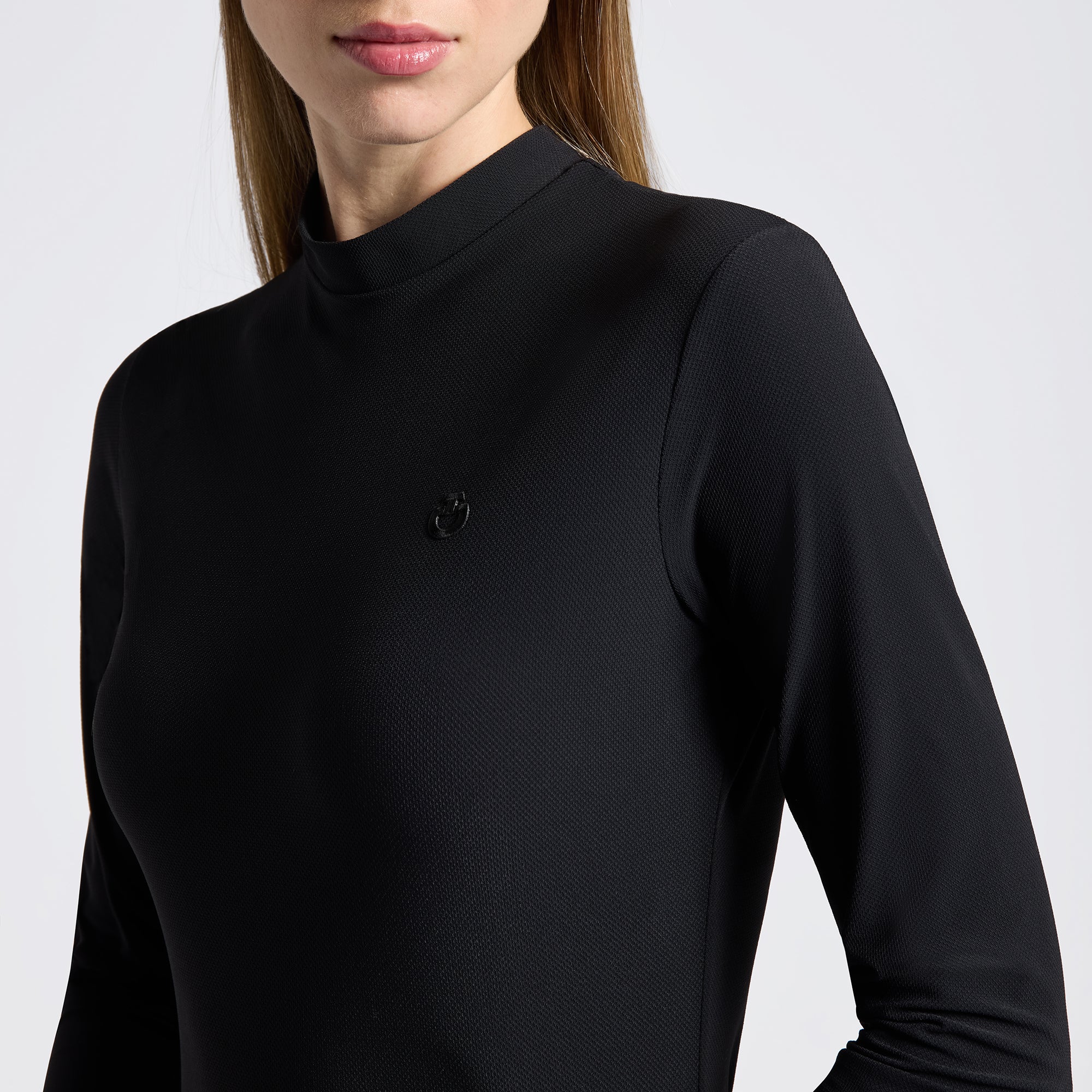Cavalleria Toscana black long sleeve shirt showing high neckline and subtle chest logo