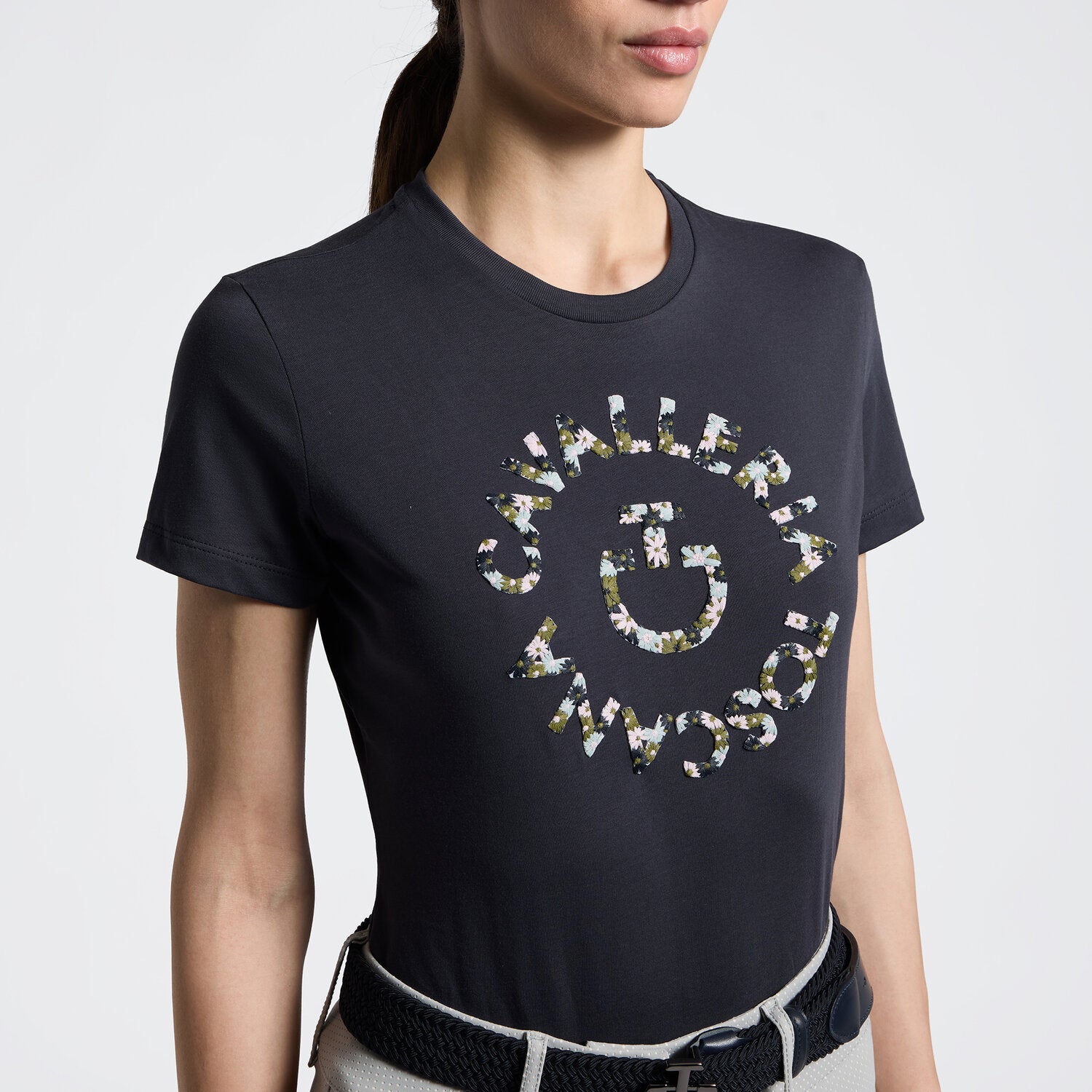 Close up view of Cavalleria Toscana charcoal short sleeve T-shirt with floral logo graphic on front