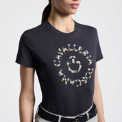Close up view of Cavalleria Toscana charcoal short sleeve T-shirt with floral logo graphic on front