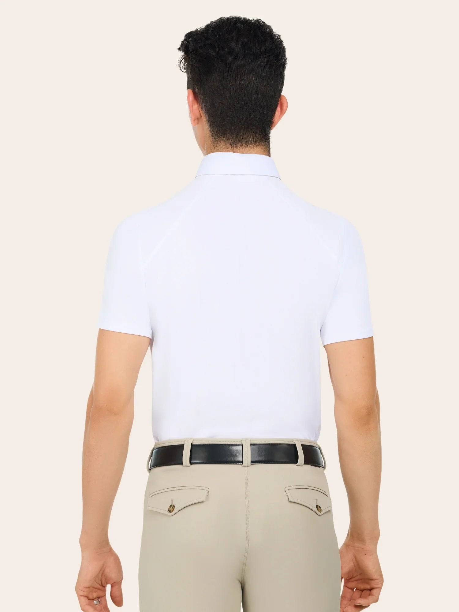 Back view of a male model wearing the white RJ Classics Tyler Show Shirt on a plain background