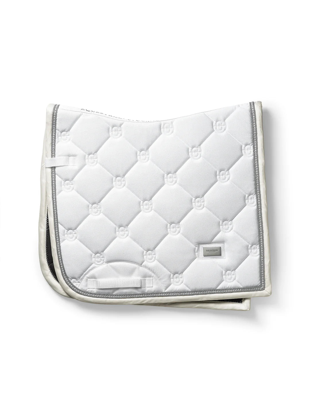 Side view of the White Glimmer Crystal Equestrian Stockholm Dressage Pad on a white background