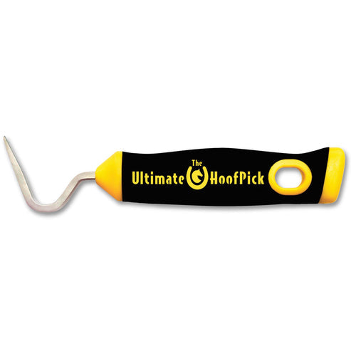 Side view of the black and yellow Equinimity Ultimate HoofPick on a white background