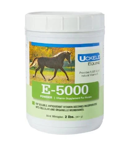 Front view of a 2 lb container of Uckele Equine E-5000 Powder on a white background