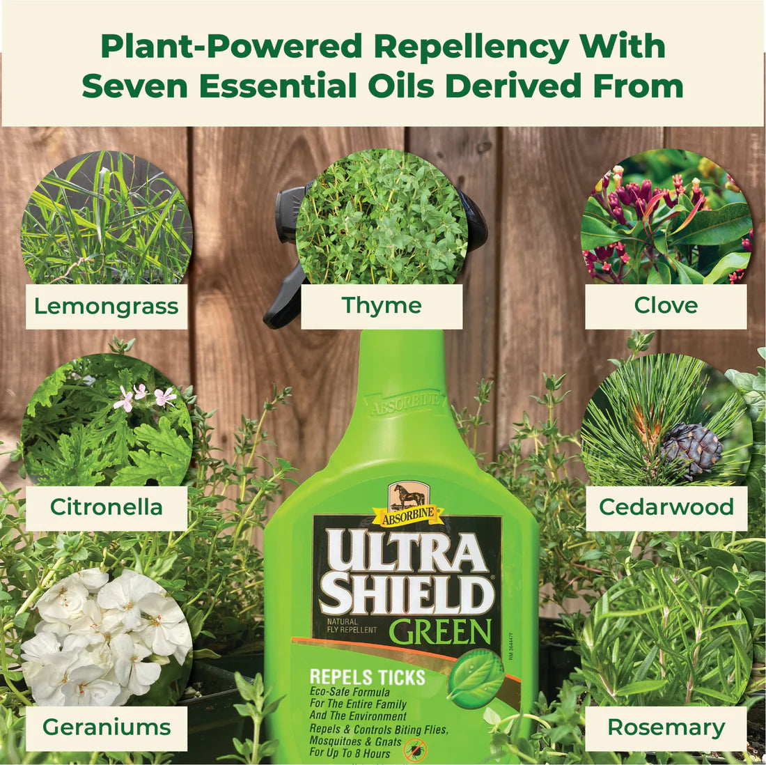 A bottle of Ultrashield green with all the essential oil ingredients listed with pictures of the plants from which they were derived