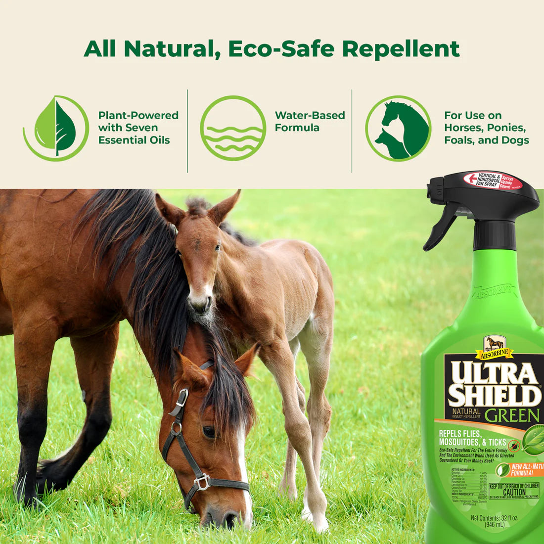 Mare and foal in a grasst pasture with a bottle of Ultrashield green in the foreground