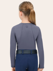 Back view of a young model wearing the blue RJ Classics Jordyn Jr. Crewneck Shirt on a white background