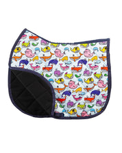 Side view of the Whale Whale Whale Dreamers & Schemers Saddle Pad on a plain background with the corner turned up to show the mesh lining