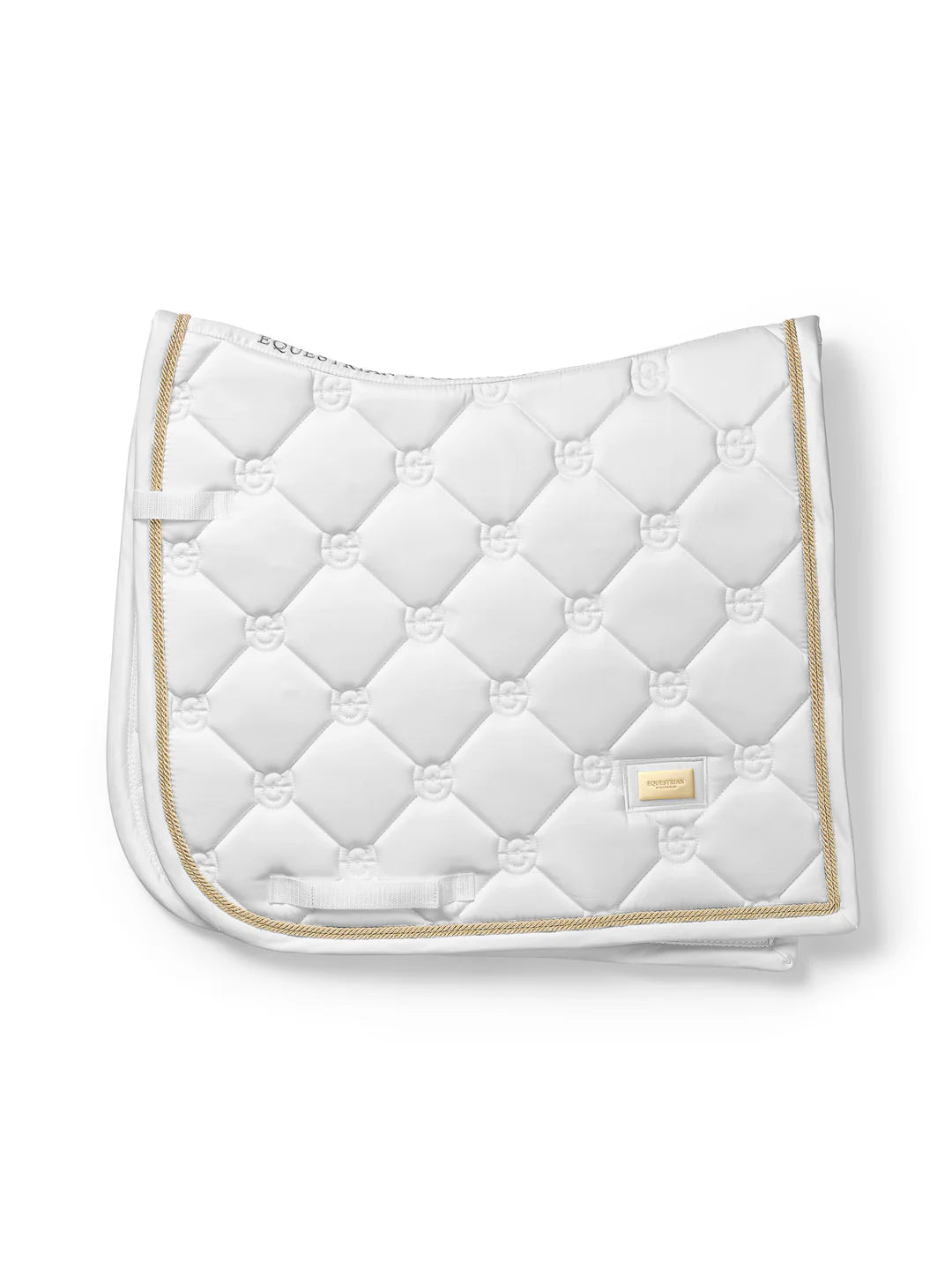 Side view of the gold Equestrian Stockholm White Perfection Dressage Pad on a white background