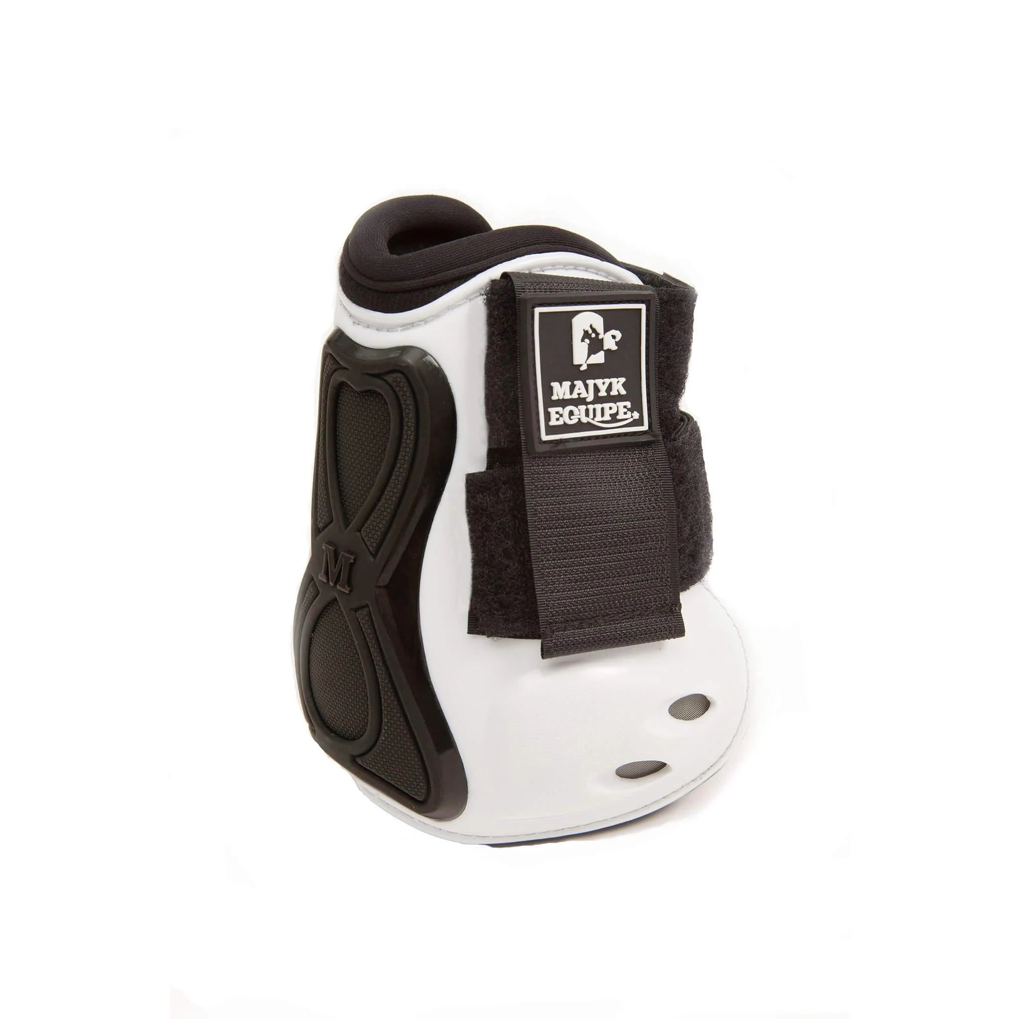 Angled back view of the white Majyk Equipe Infinity Open Front Hind Jump Boot on a white background