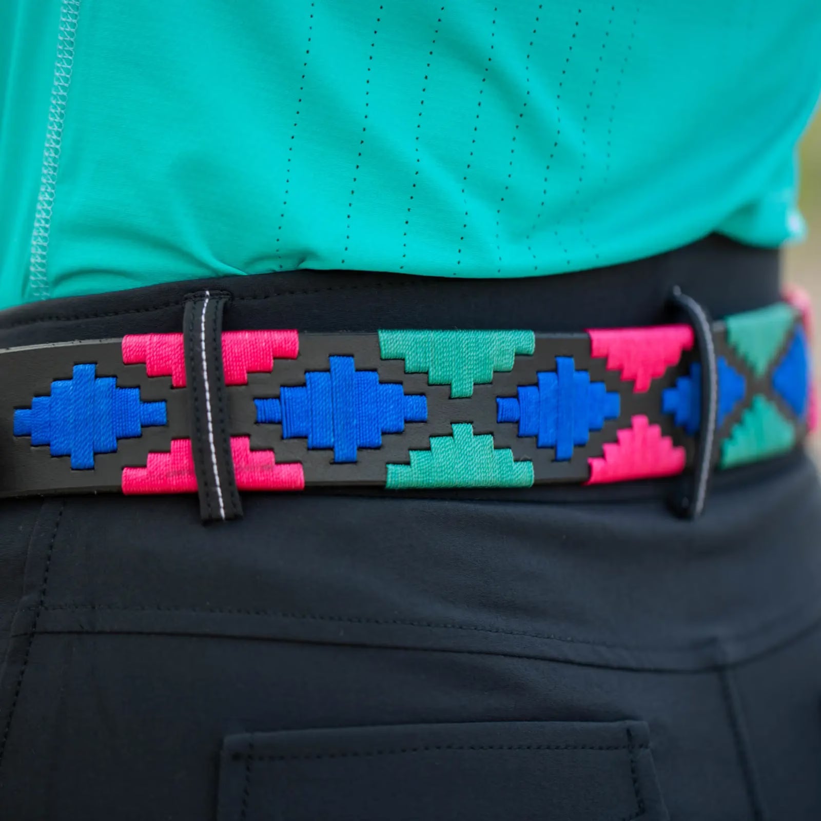 Close-up view of the red, green, and blue black-leather Equinavia Siri Polo Belt