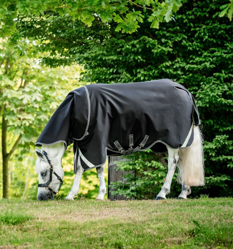 Side view of a white horse grazing in a pasture while wearing the black Horseware Rambo Supreme 1680D Turnout Hood 0g and coordinating turnout rug