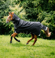 Side view of a chestnut horse running in a pasture while wearing the black Horseware Rambo Supreme 1680D Turnout Hood 0g and coordinating turnout rug