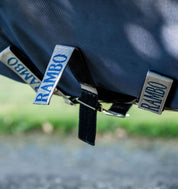 Close-up view of the belly closures on the navy Horseware Rambo 1680D Turnout 100g