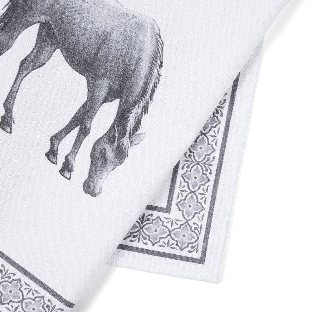 Close-up view of the Blue Stallion Farm Black & White Rocky Tea Towel on a white background