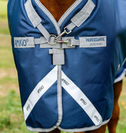 Close-up front view of the navy Horseware Amigo 1200D Plus Turnout 250g 