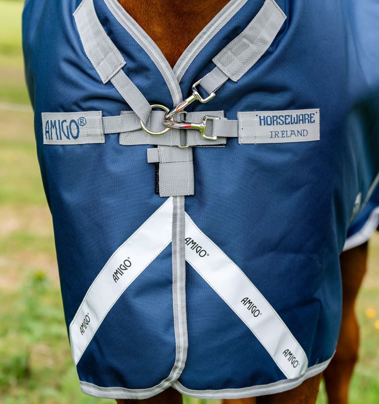 Close-up front view of the navy Horseware Amigo 1200D Plus Turnout 250g 