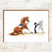 View of the Schoolmaster Pony Nut Greeting Card on a white washed wood background