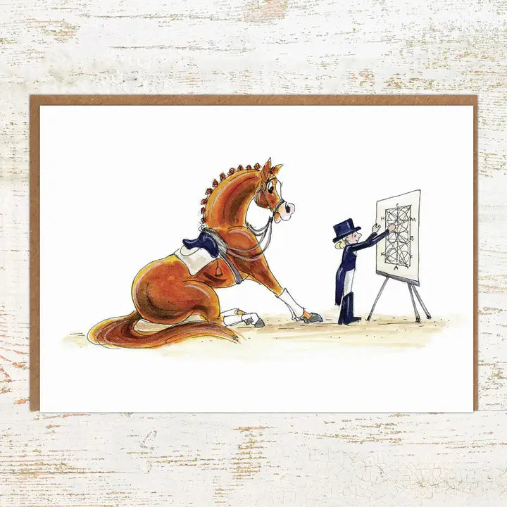 View of the Schoolmaster Pony Nut Greeting Card on a white washed wood background