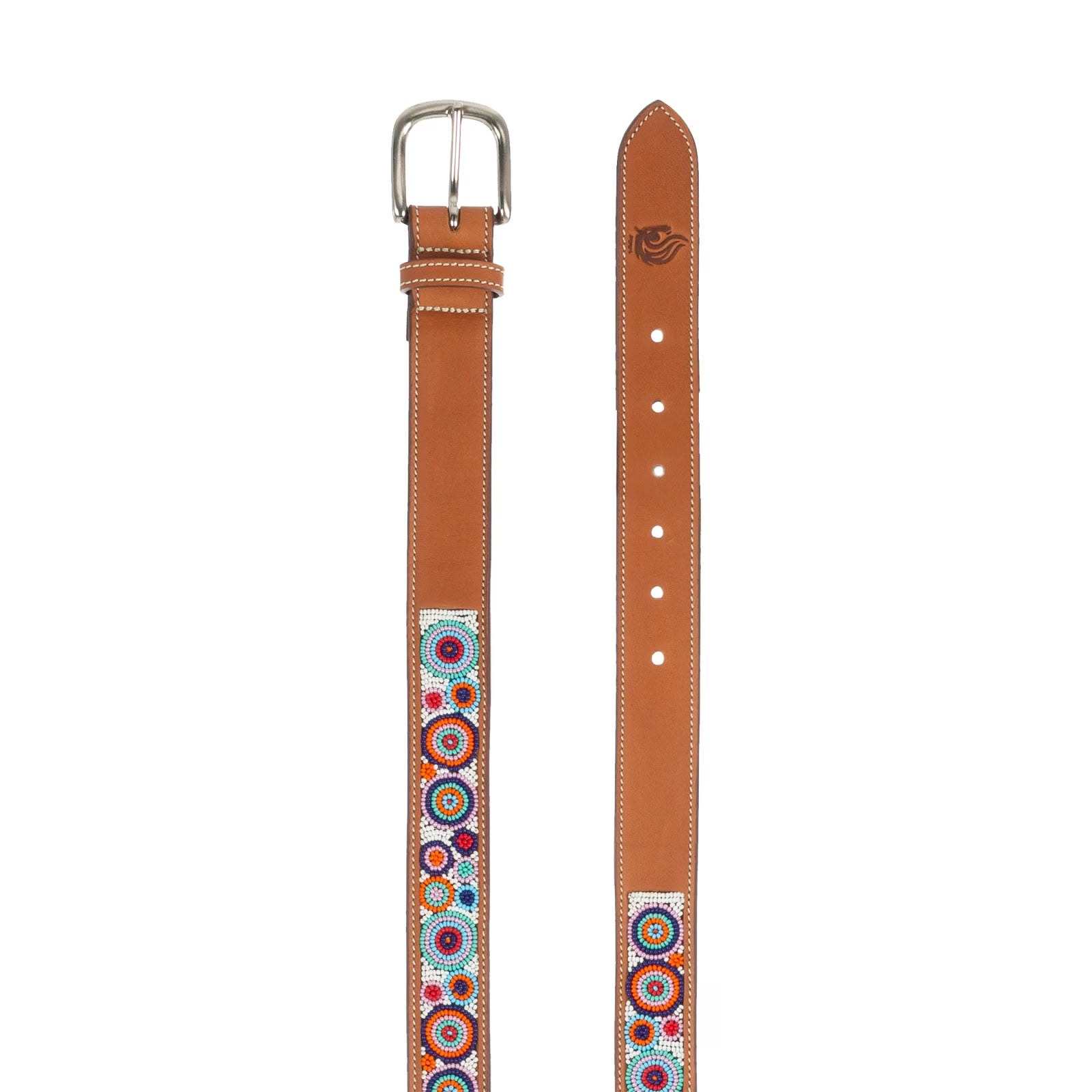 View of a light brown leather Equinavia Estelle Hand Beaded Belt with colorful beading on a white background