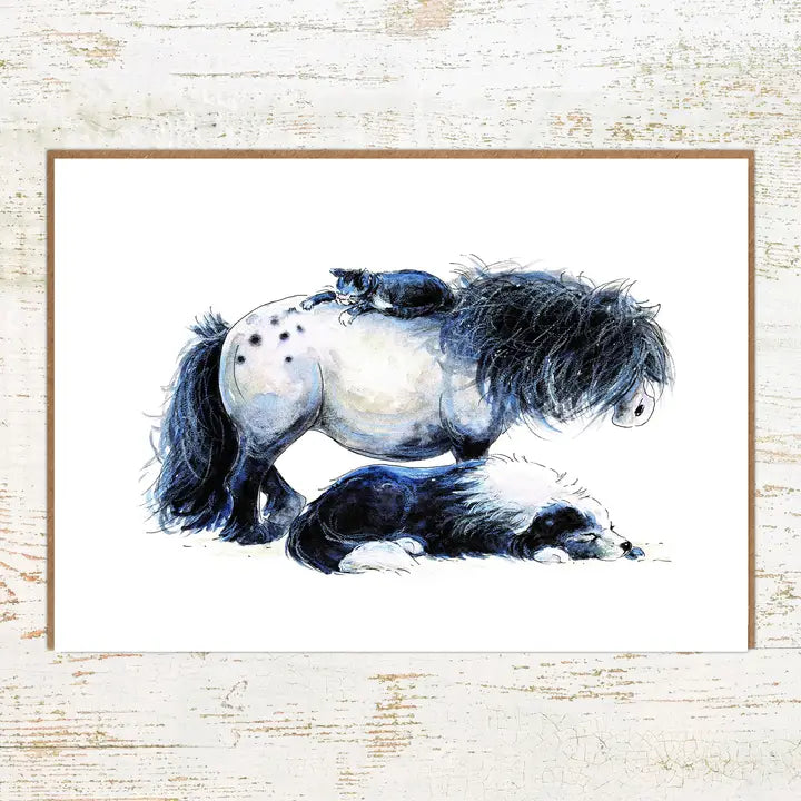 View of the H-Appy Pony Cat Sheepdog Pony Nut Greeting Card on a white washed wood background