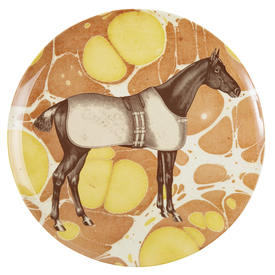 View of the yellow ThomasPaul Equestrian Melamine Dinner Plate on a white background