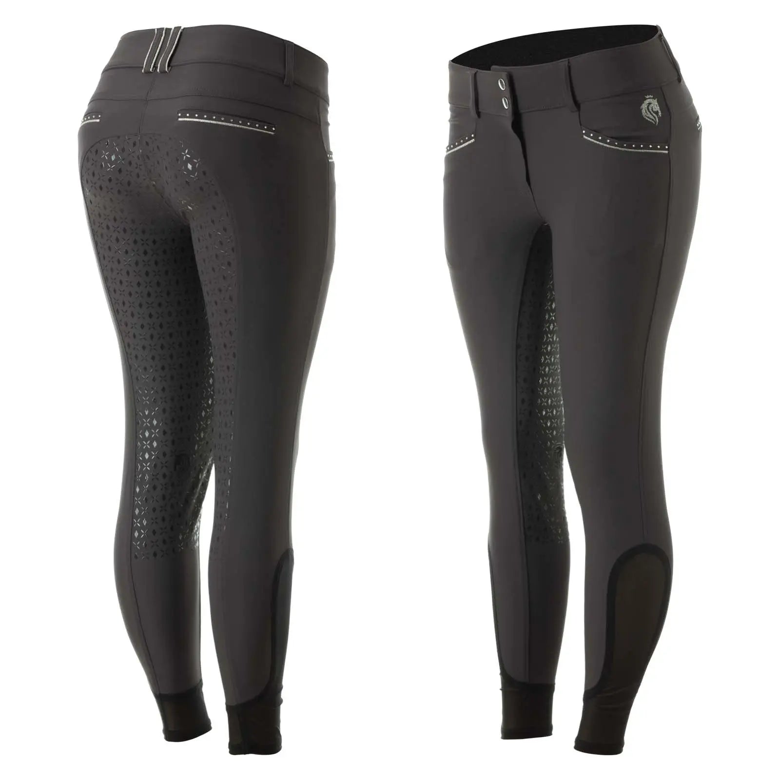 Side by side front and back views of the dark gray Equinavia Victoria Full Seat Breeches on a white background