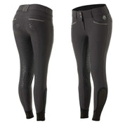 Side by side front and back views of the dark gray Equinavia Victoria Full Seat Breeches on a white background