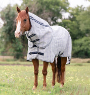 Front view of a sorrel horse standing in a grassy pasture while wearing the Horseware Newmarket Quarter Horse Plus Fly Sheet