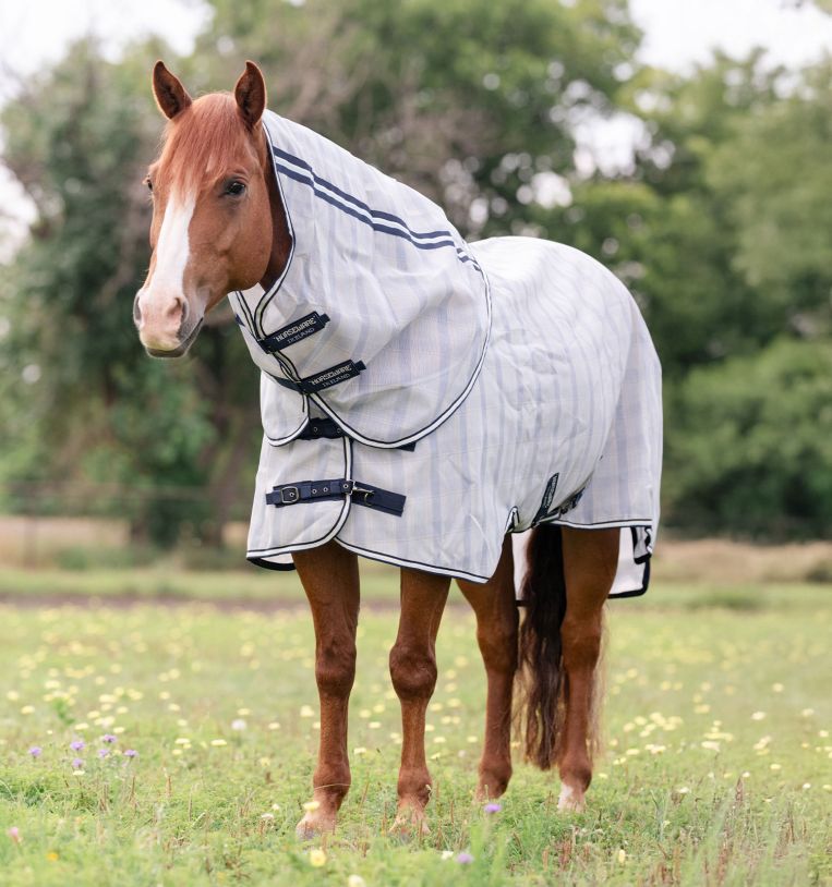 Front view of a sorrel horse standing in a grassy pasture while wearing the Horseware Newmarket Quarter Horse Plus Fly Sheet