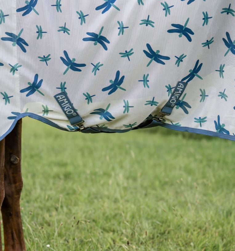 Close-up of Amigo Bug Rug Plus Fly Sheet in dragonfly pattern showing mesh fabric and dragonfly print