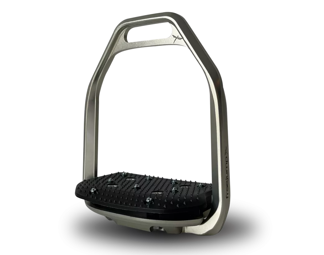 Front view of the silver Freejump Air Pure Stirrups on a white background