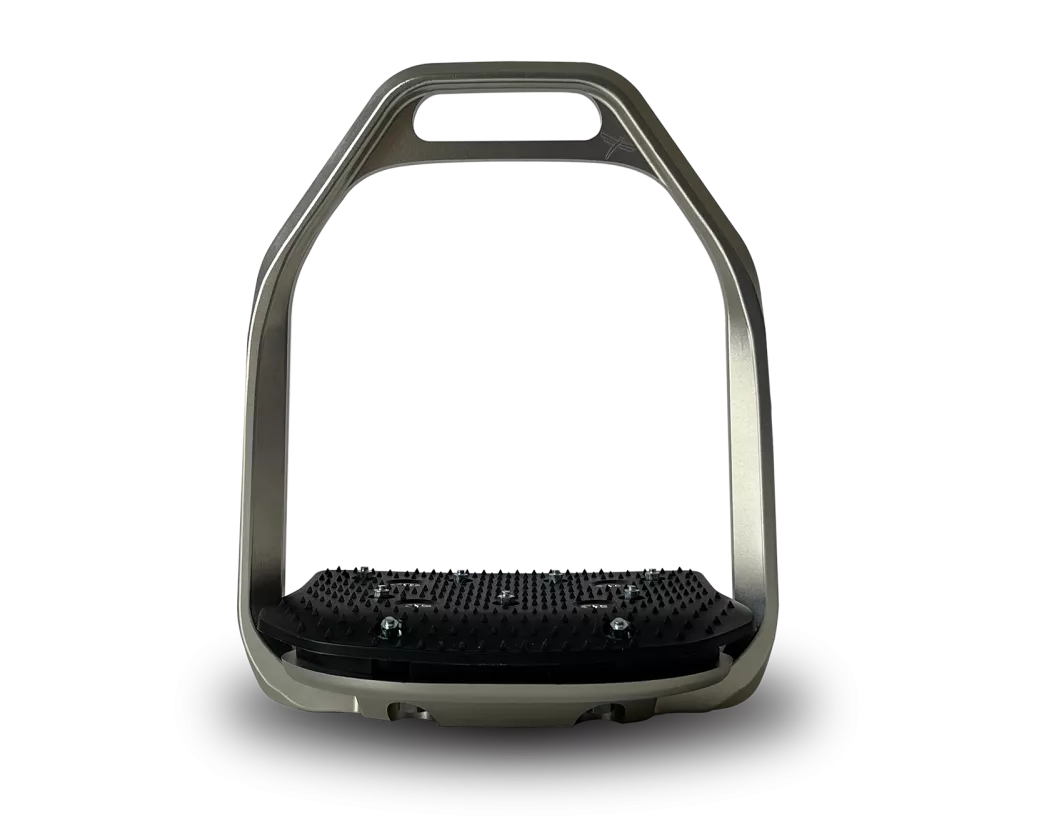 Front view of the silver Freejump Air Pure Stirrups on a white background