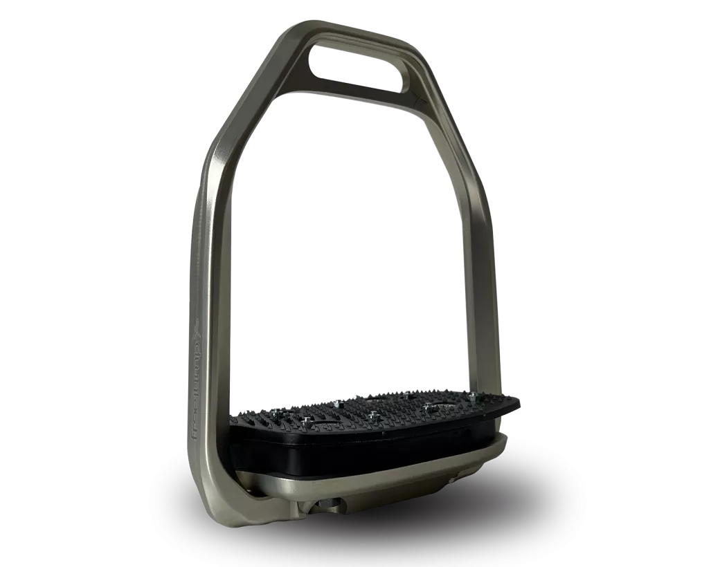 Angled front view of the silver Freejump Air Pure Stirrups on a white background