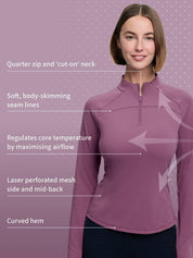 Infographic showing a front view of a female model wearing the purple LeMieux Airflow Long Sleeve Base Layer and a list of the shirt features