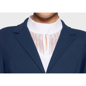 Close up front view of the lapel on the navy blue Samshield Alix Show Coat on a plain background