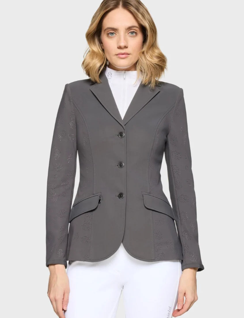 Front view of a female model wearing the gray Samshield Alix Air Show Coat on a plain background