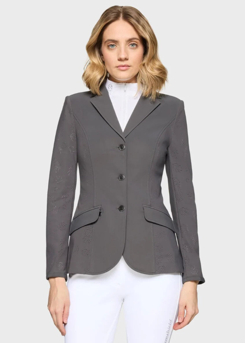 Front view of a female model wearing the gray Samshield Alix Air Show Coat on a plain background
