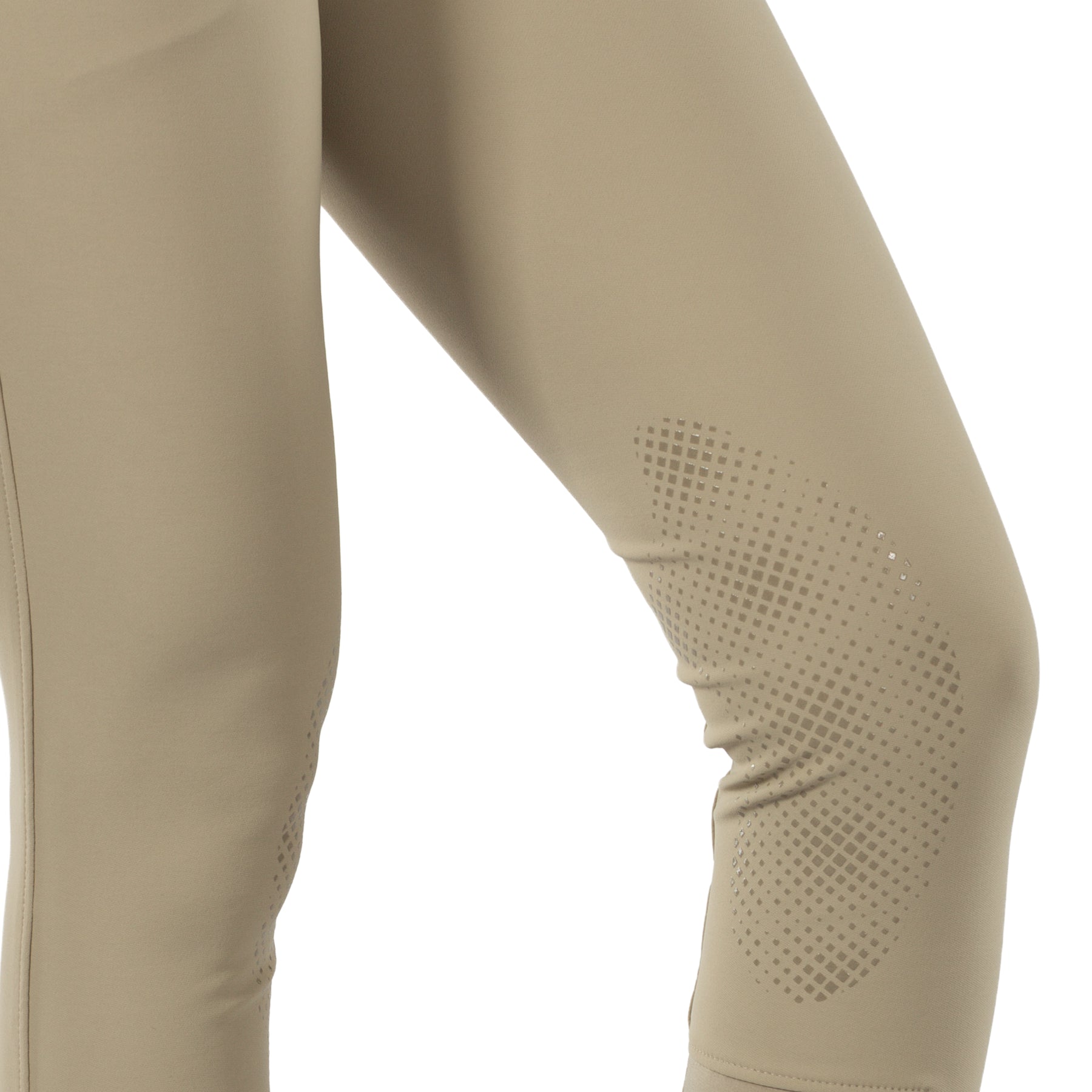 Close-up view of the silicone grip on the tan Horze Grand Prix Silicone Knee Patch Breeches on a white background