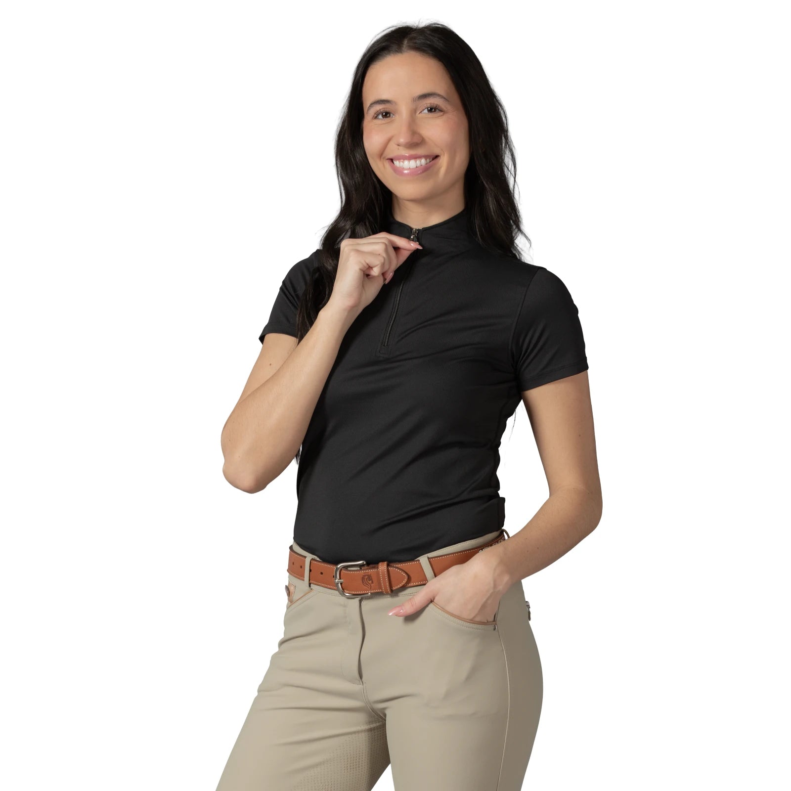 Front view of a model wearing the black Equinavia Kari Short Sleeve Sun Shirt With NordicAir Tech on a white background