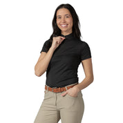 Front view of a model wearing the black Equinavia Kari Short Sleeve Sun Shirt With NordicAir Tech on a white background