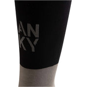 Close-up view of the "ANKY" detail on the front of the black ANKY Competition Socks on a white background