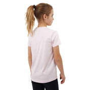 Back view of a young model wearing the pink Horze Wilda Kids Equestrian T-Shirt on a white background