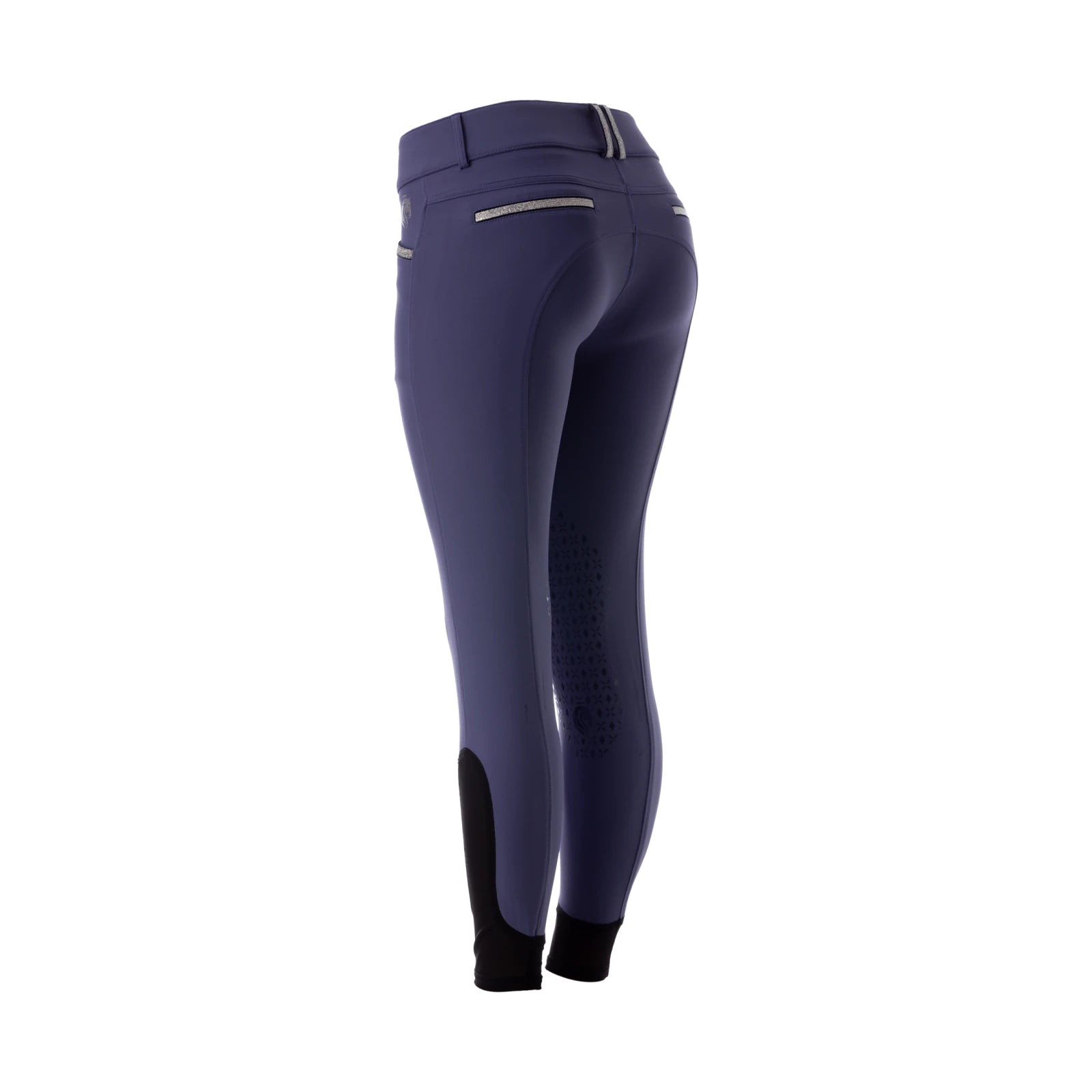 Angled back view of the blue Equinavia Kristina Knee Patch Breeches on a white background